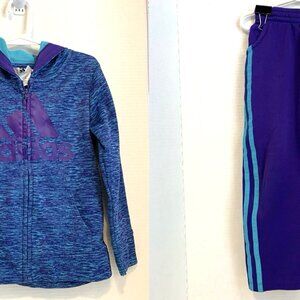 ADIDAS Sz 5 Kids Unisex Jacket & Pant Set Purple & Teal Full Zip Fleece Lined